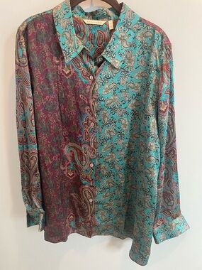 Soft Surroundings Teal and Burgundy Paisley Button-Down Silk Shirt